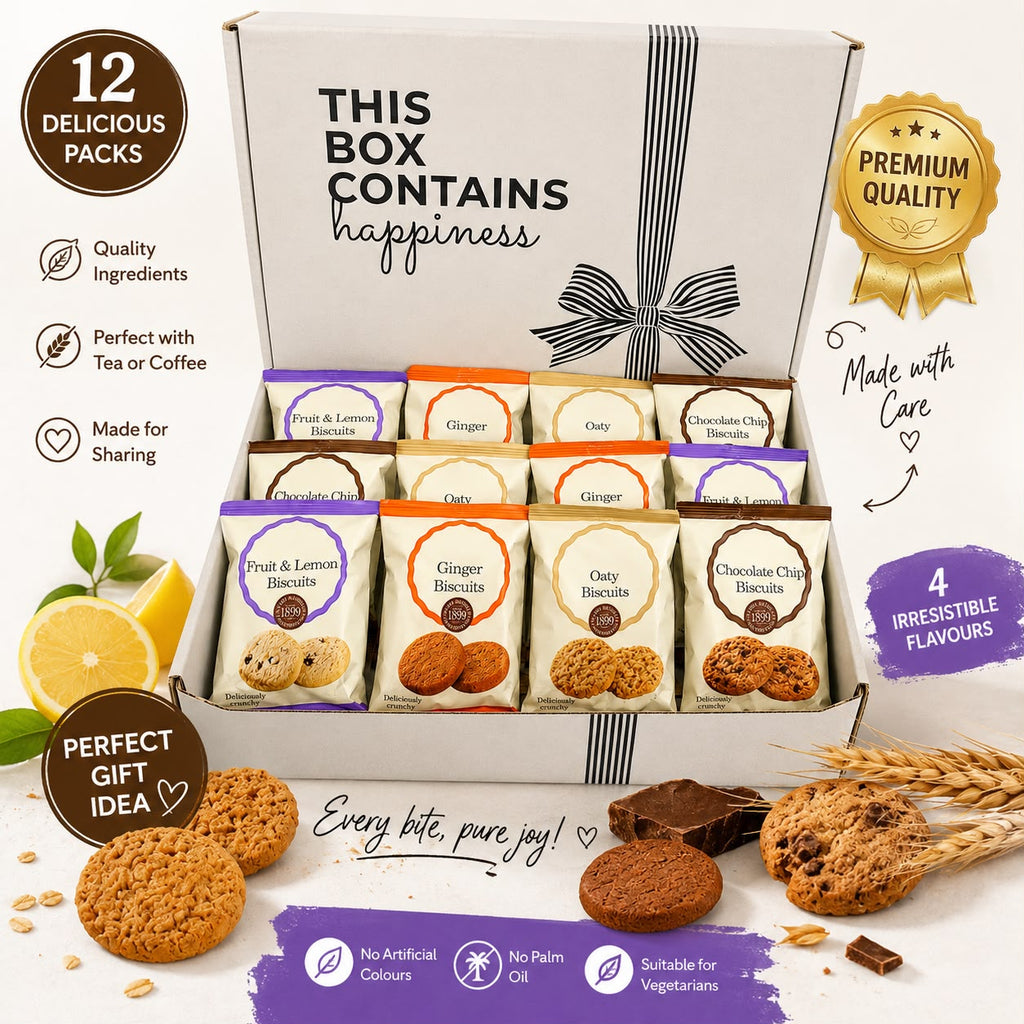 Premium Biscuit Gift Box – 12 Individually Wrapped Biscuits | 4 Delicious Flavours | Perfect Tea & Coffee Gift Hamper | Vegetarian | No Palm Oil | Ideal for Birthdays & Corporate Gifts