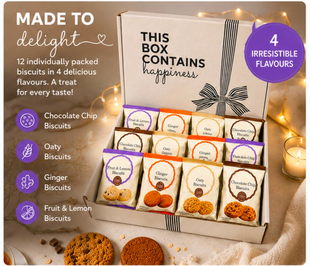 Premium Biscuit Gift Box – 12 Individually Wrapped Biscuits | 4 Delicious Flavours | Perfect Tea & Coffee Gift Hamper | Vegetarian | No Palm Oil | Ideal for Birthdays & Corporate Gifts