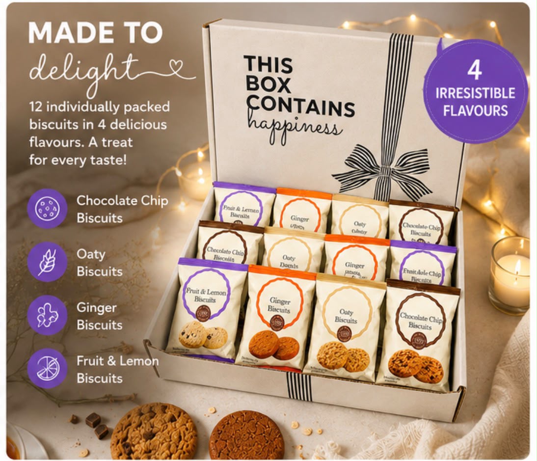 Premium Biscuit Gift Box – 12 Individually Wrapped Biscuits | 4 Delicious Flavours | Perfect Tea & Coffee Gift Hamper | Vegetarian | No Palm Oil | Ideal for Birthdays & Corporate Gifts